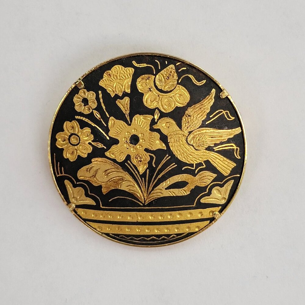 Vintage Flower and Bird Damascene Brooch